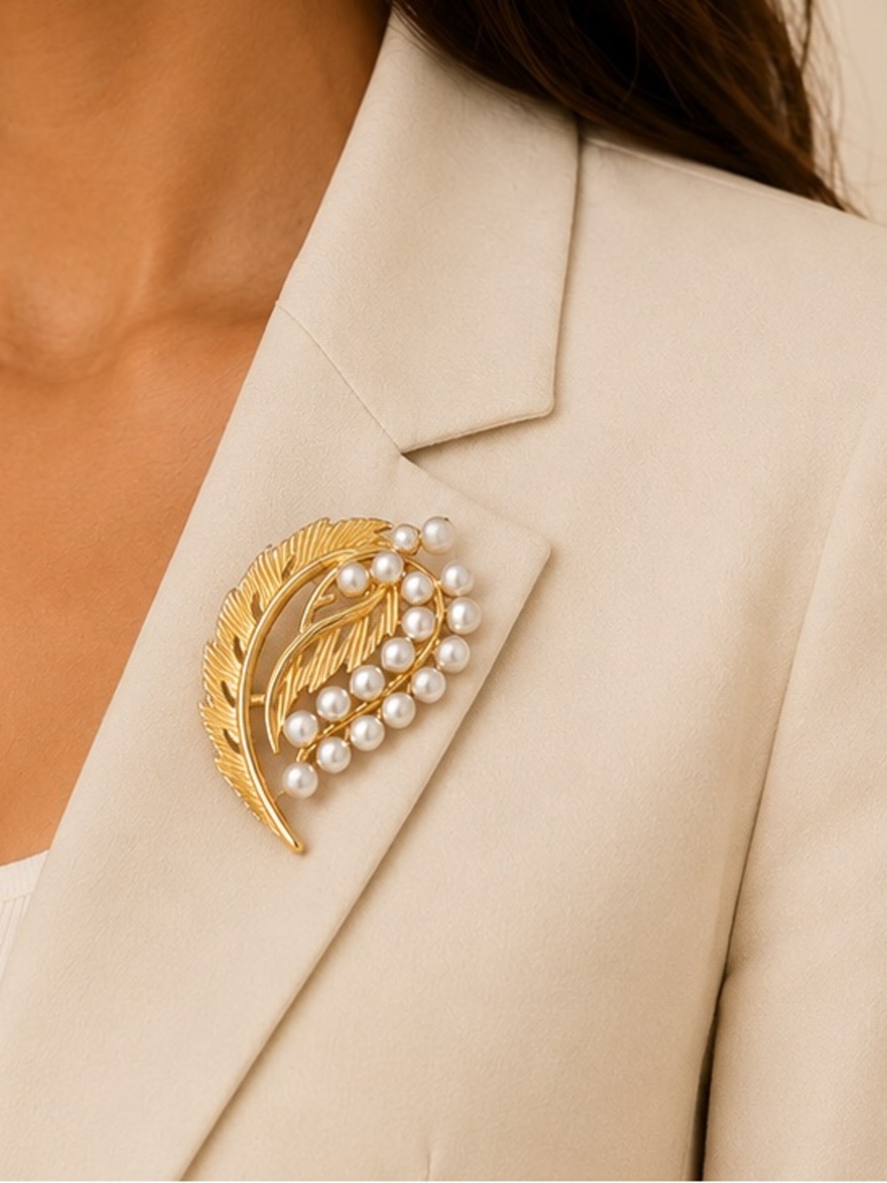Gold Leaf Pearl Cluster Brooch